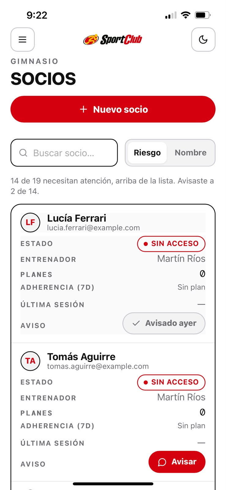 Panel del dueño: socios ordenados por riesgo