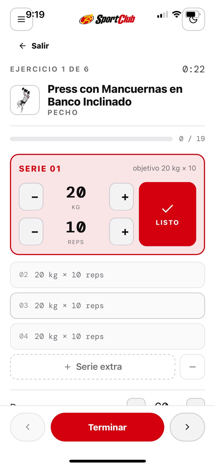 Carga de series durante el entrenamiento